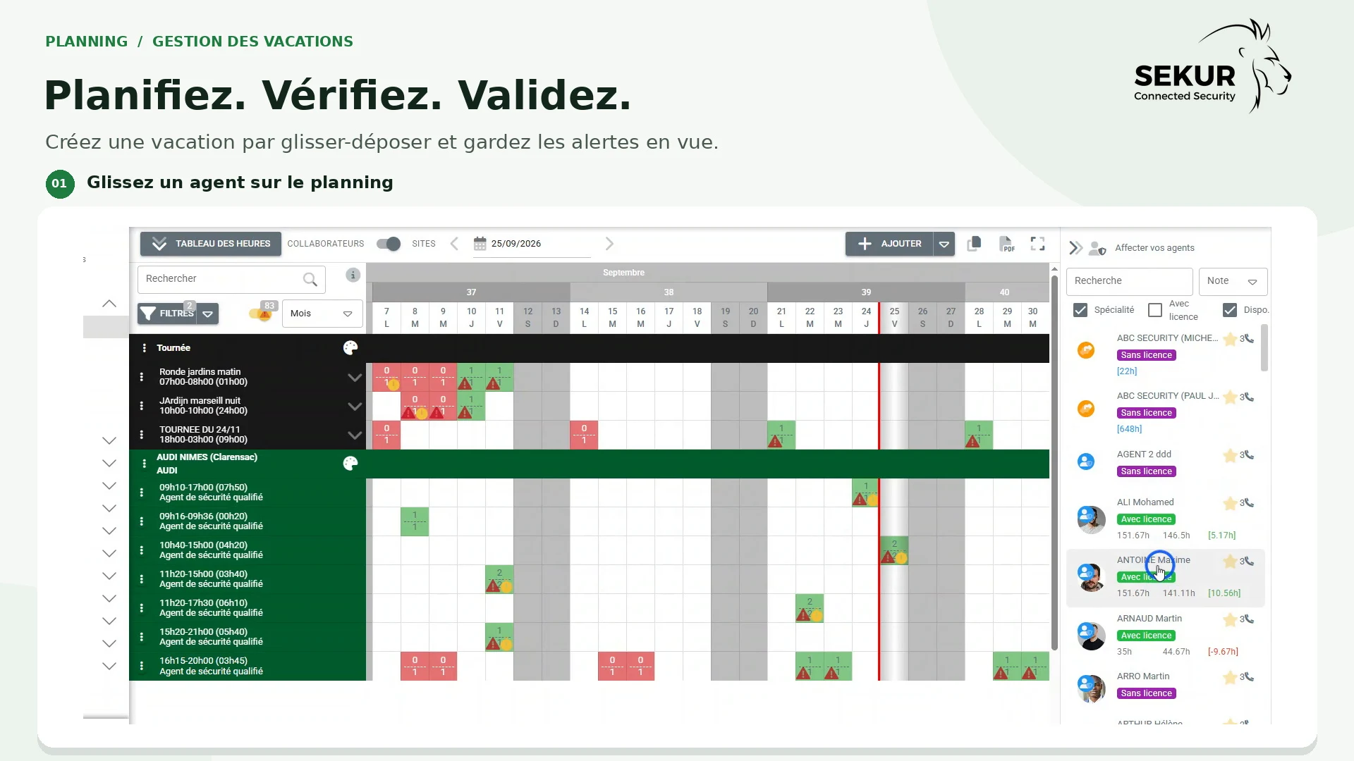 Planification des vacations et suivi des rondes sur l'application Sekur