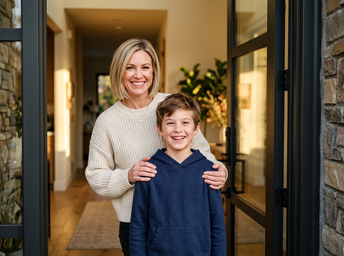 Mère et enfant devant leur entrée protégée par Black Shield Sécurité