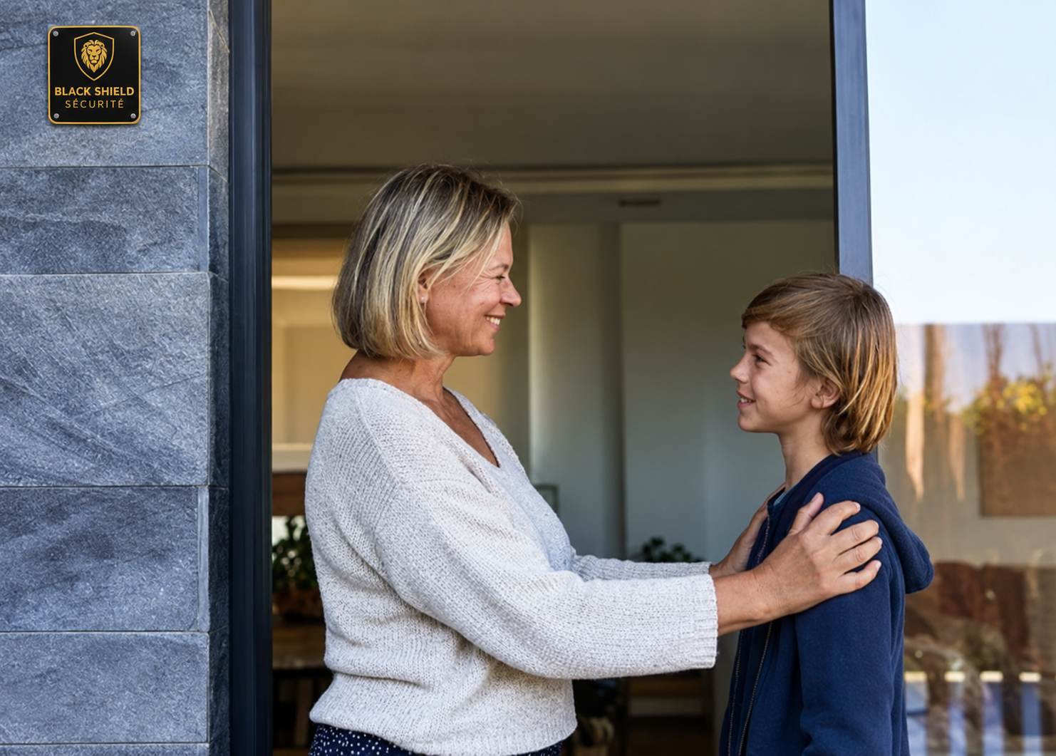 Famille sereine devant la porte de sa maison protégée par Black Shield Sécurité