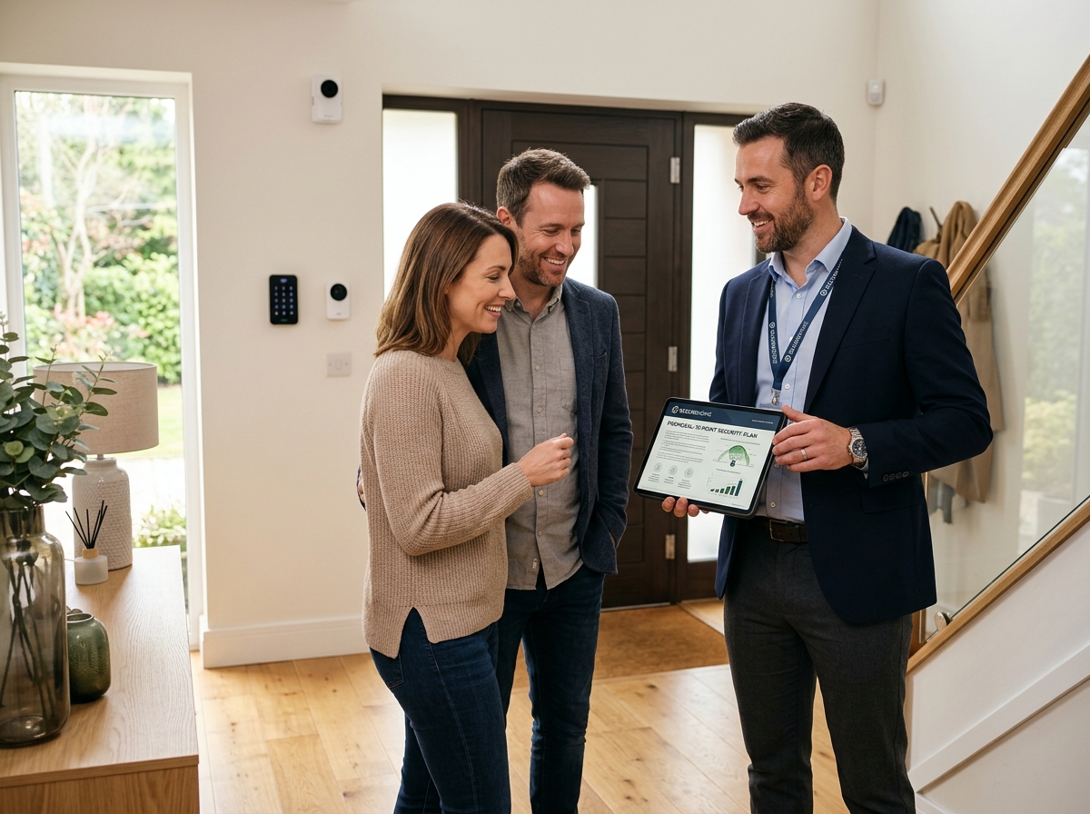 Conseiller Black Shield Sécurité présentant un projet d'alarme sur tablette à un couple
