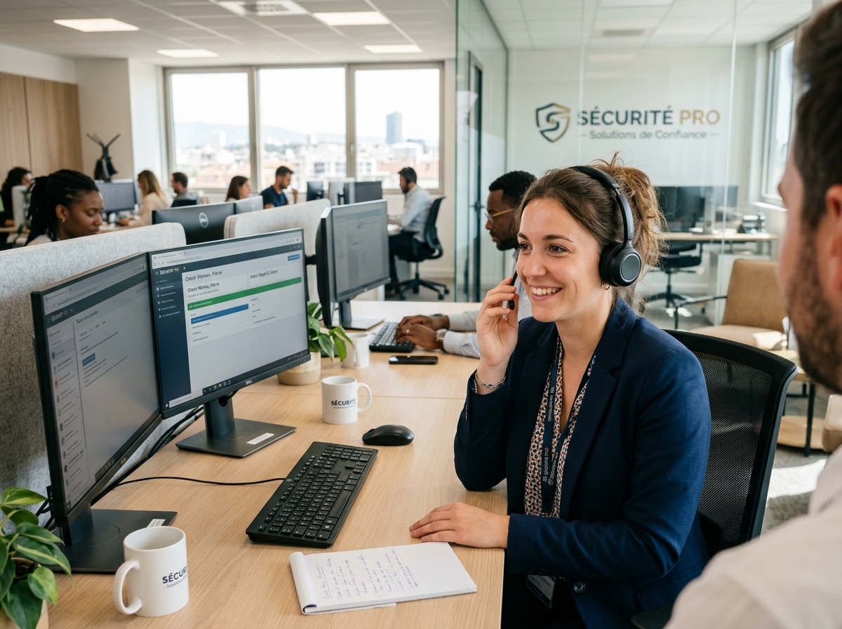Conseillère clientèle souriante avec micro-casque dans un bureau moderne de Black Shield Sécurité