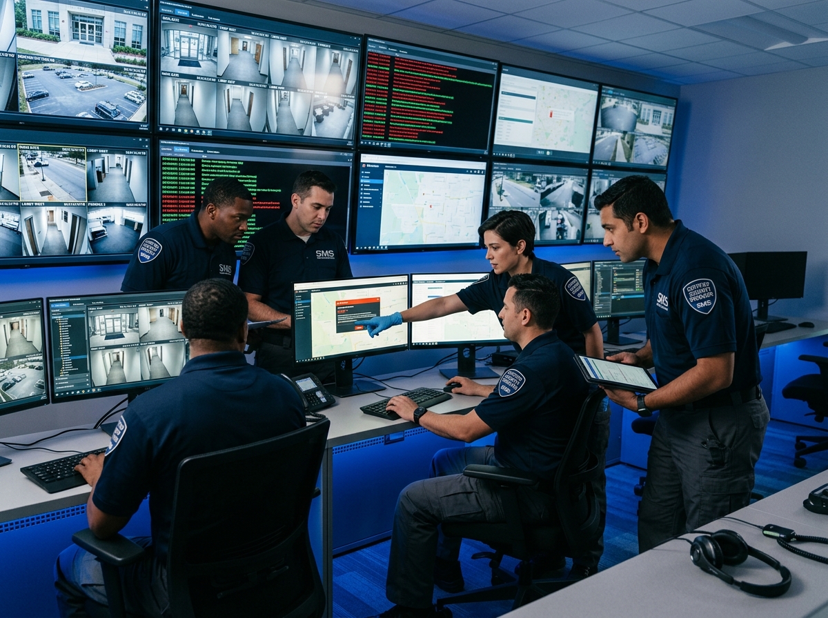 Opérateurs de télésurveillance en uniforme supervisant des écrans de contrôle dans un centre de sécurité moderne