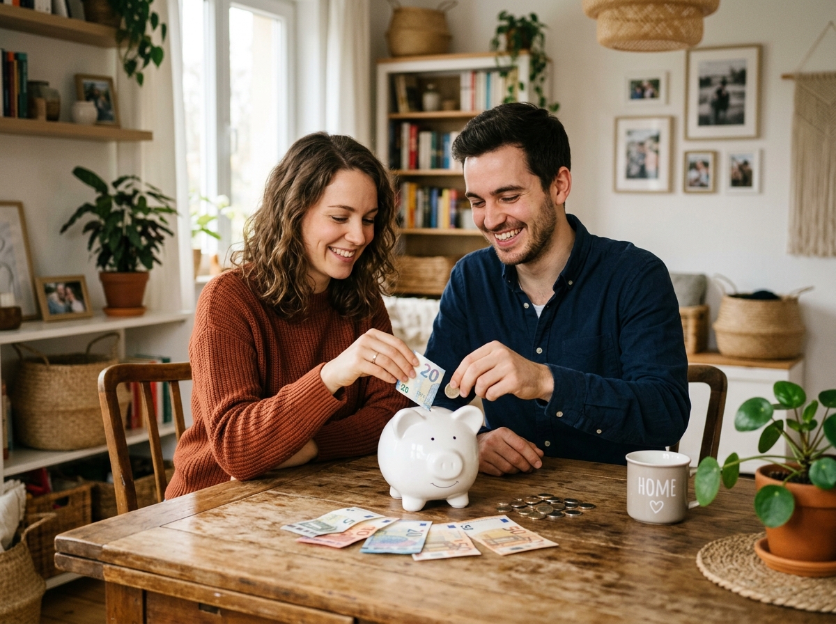 Couple à table avec tirelire et billets de banque pour leur budget sécurité