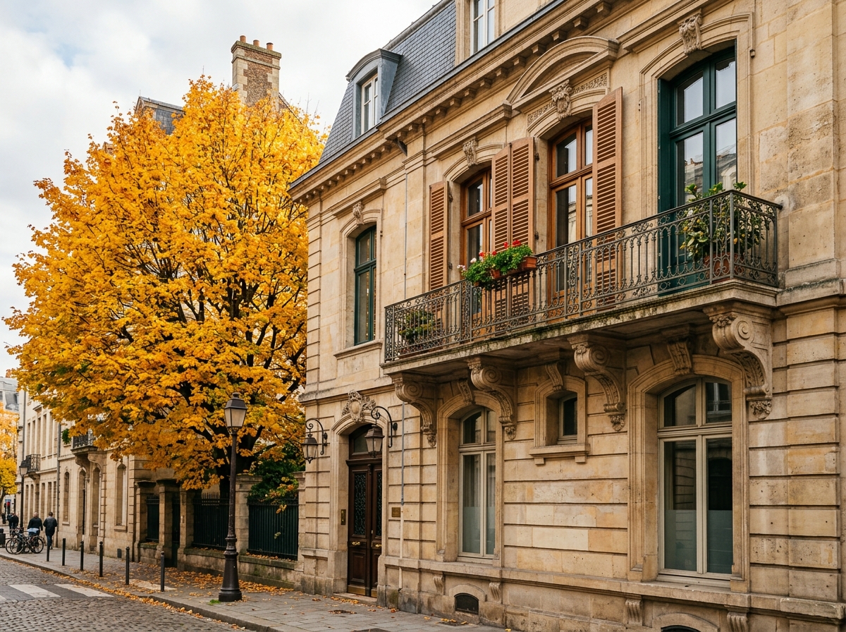 Façade maison et appartement avec balcon et arbres d'automne
