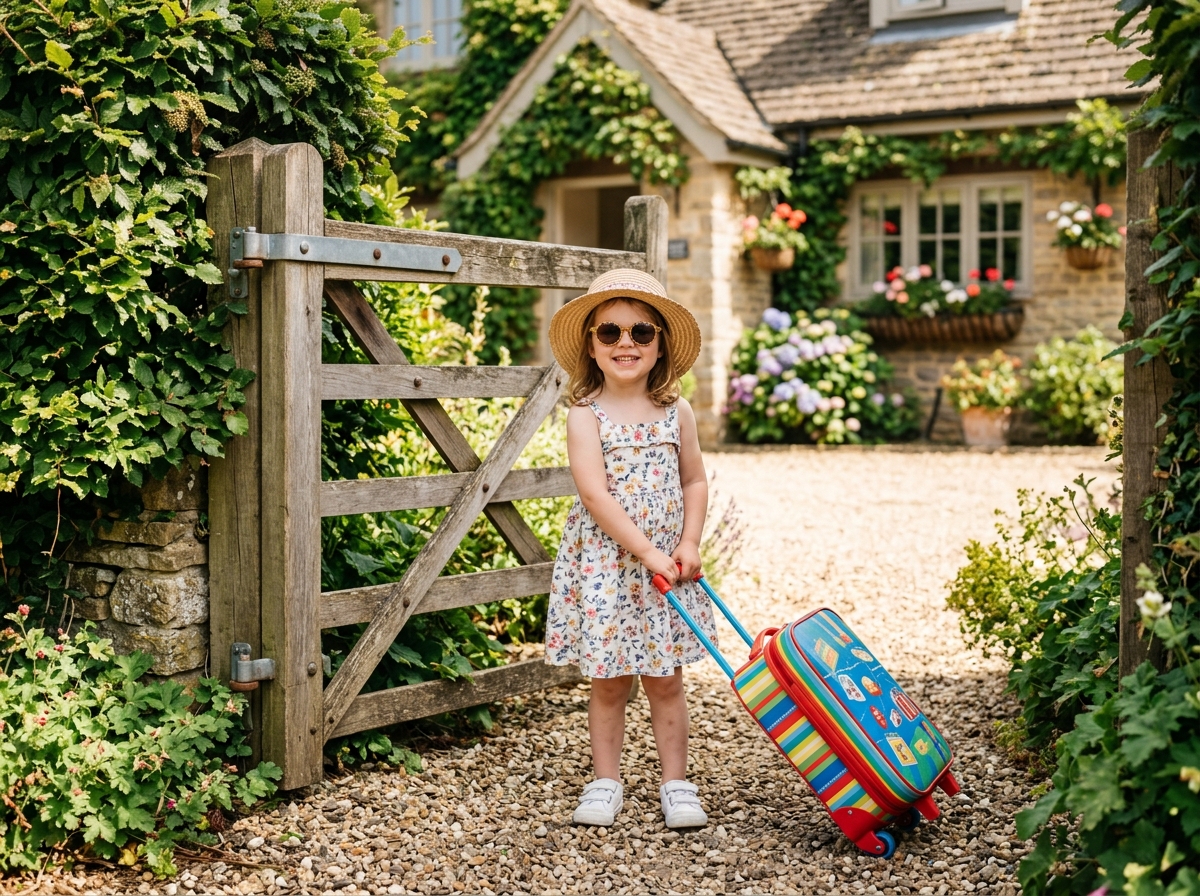 Enfant avec valise devant le portail du jardin pour un départ en vacances